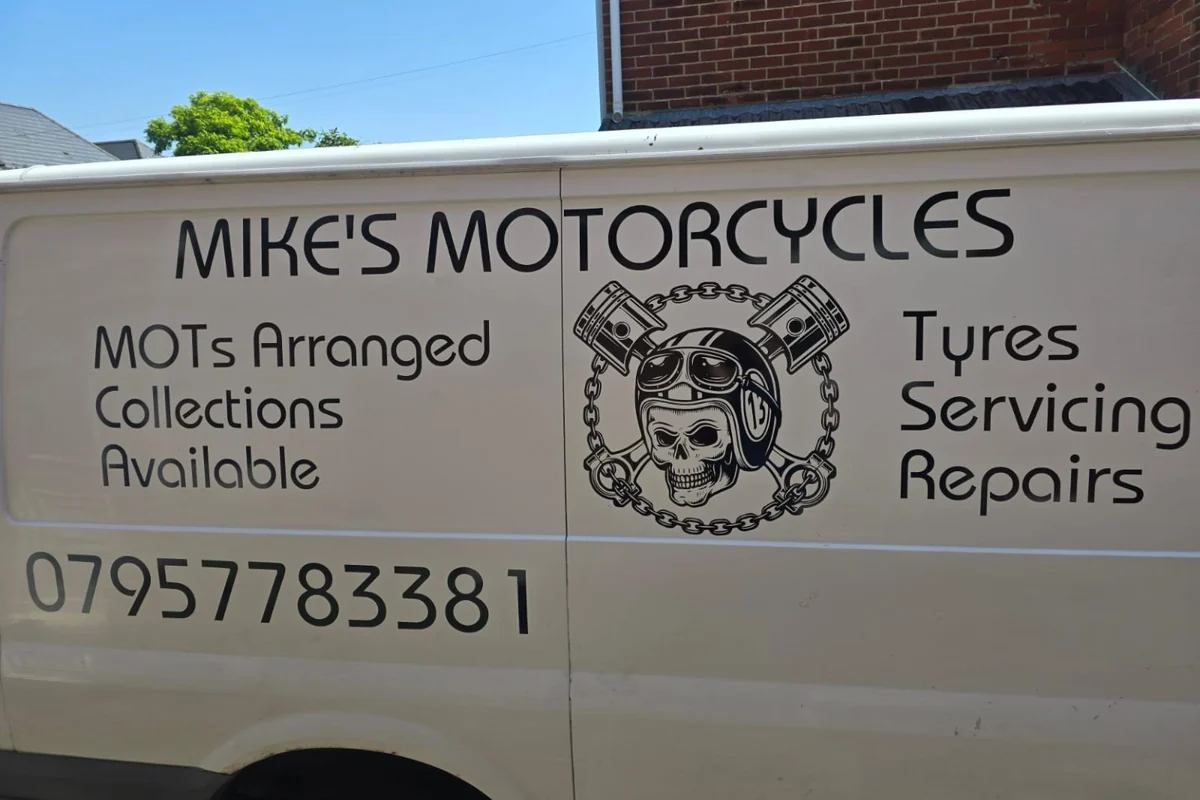 Mike's Motorcycles workshop van branding